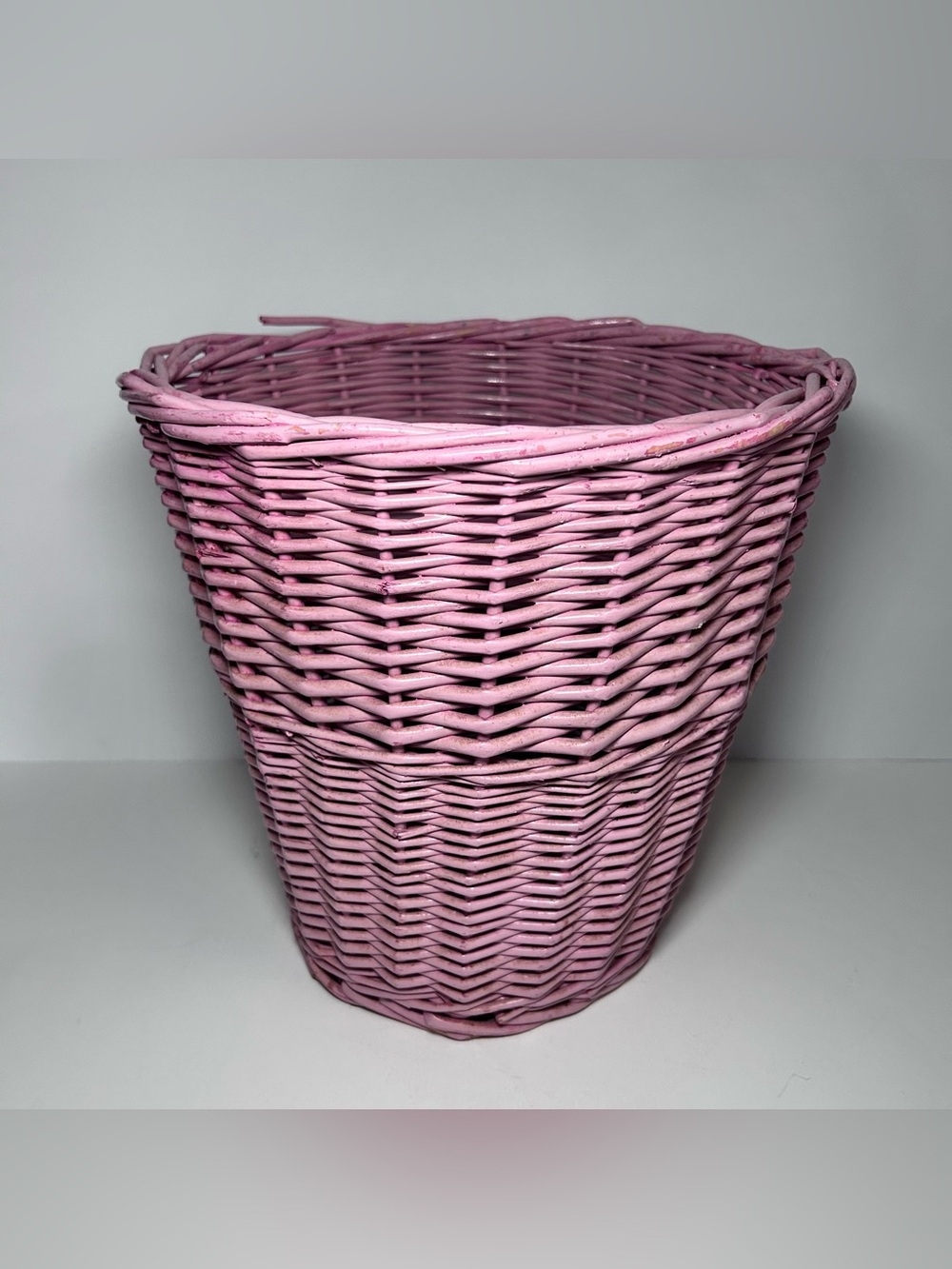 Vintage Pink Wicker Small Wastebasket